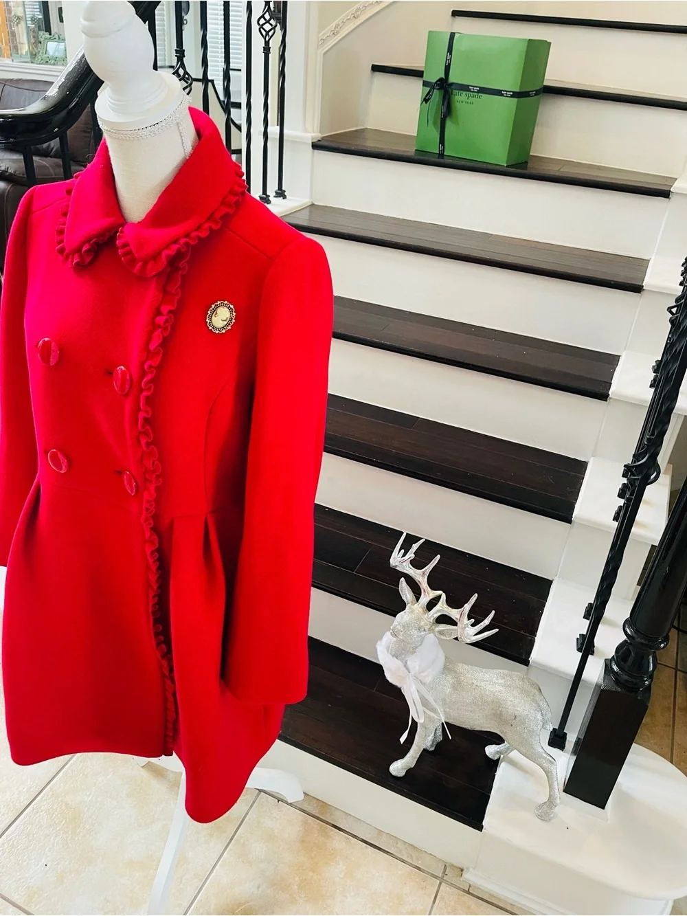 Kate Spade New York RUFFLE TRIM BOW BACK COAT IN CHARM RED